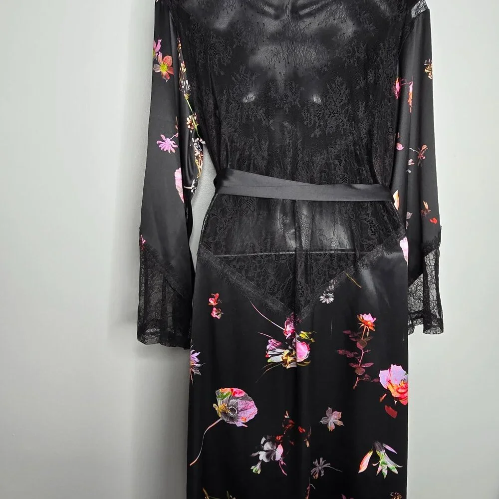 Victorias Secret Womens M/L Floral Satin Robe Kimono Sheer Lace Back with Belt‎